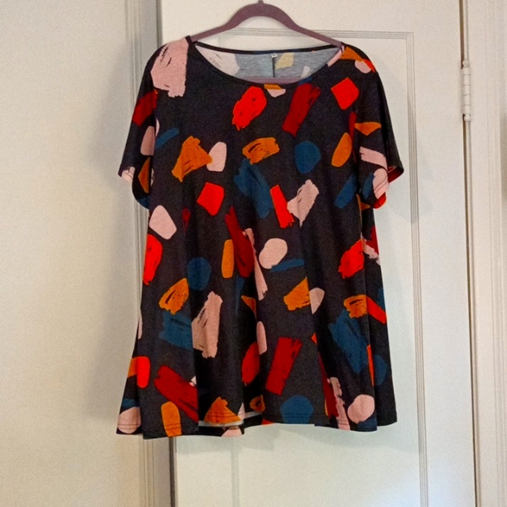 Women's tunic, graffiti colors orange, gold, burgundy, blue,peach on black.